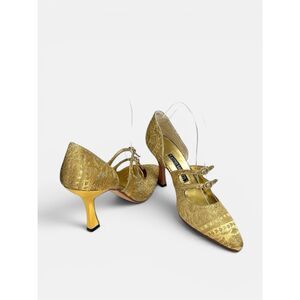 CLAUDIO MERAZZI Gold Brocade Formal Pumps Pointed Toe Embellished Details US 7,5